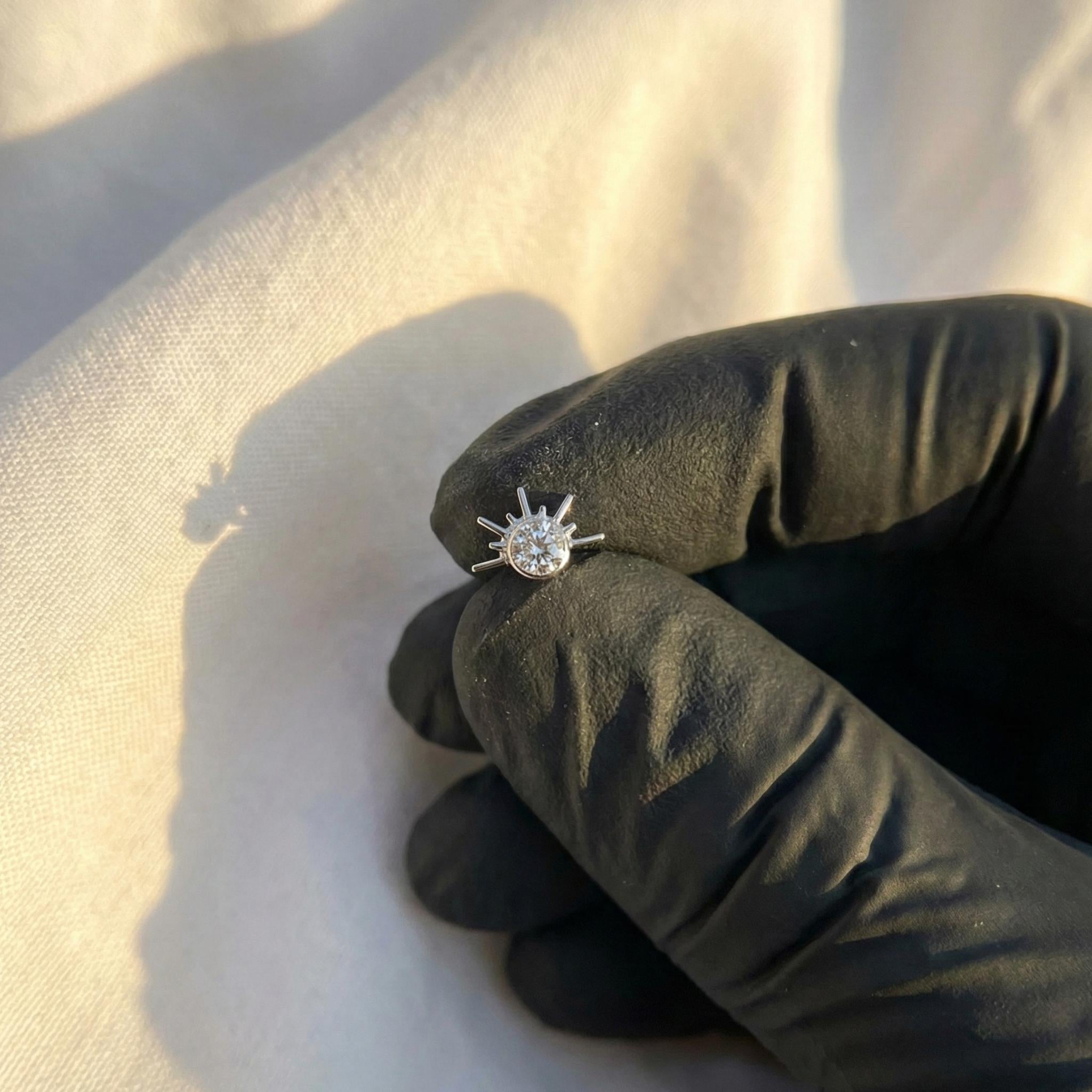 16G Titanium Half Starburst Stud, CZ Sunburst Fan Flat Back Earring, Rising Sun Helix Tragus Conch Piercing, Celestial Jewelry