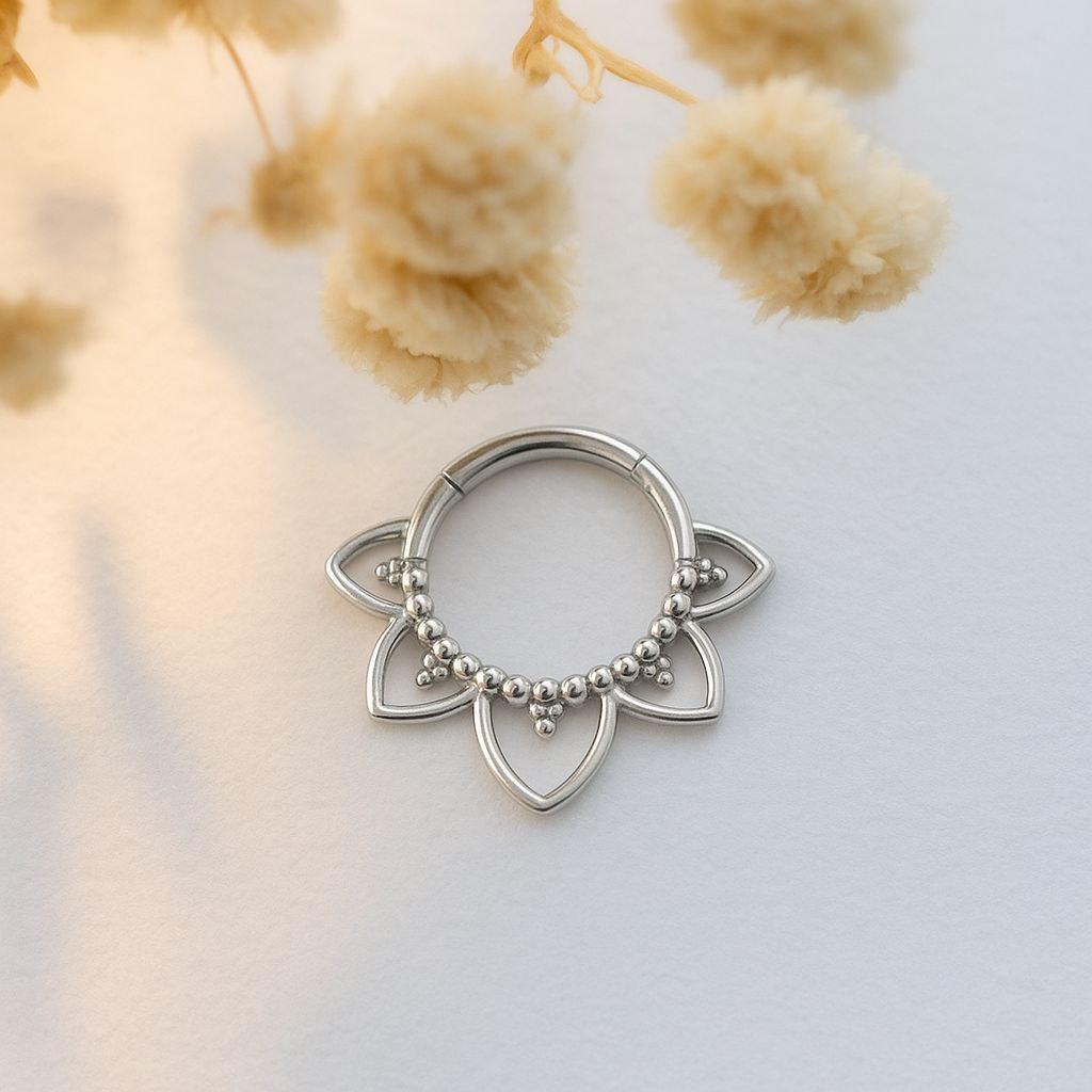16G Titanium Flower Petal Daith Clicker • Hinged Hoop for Cartilage, Helix, Tragus, Conch & Septum Piercings – Gift for Her