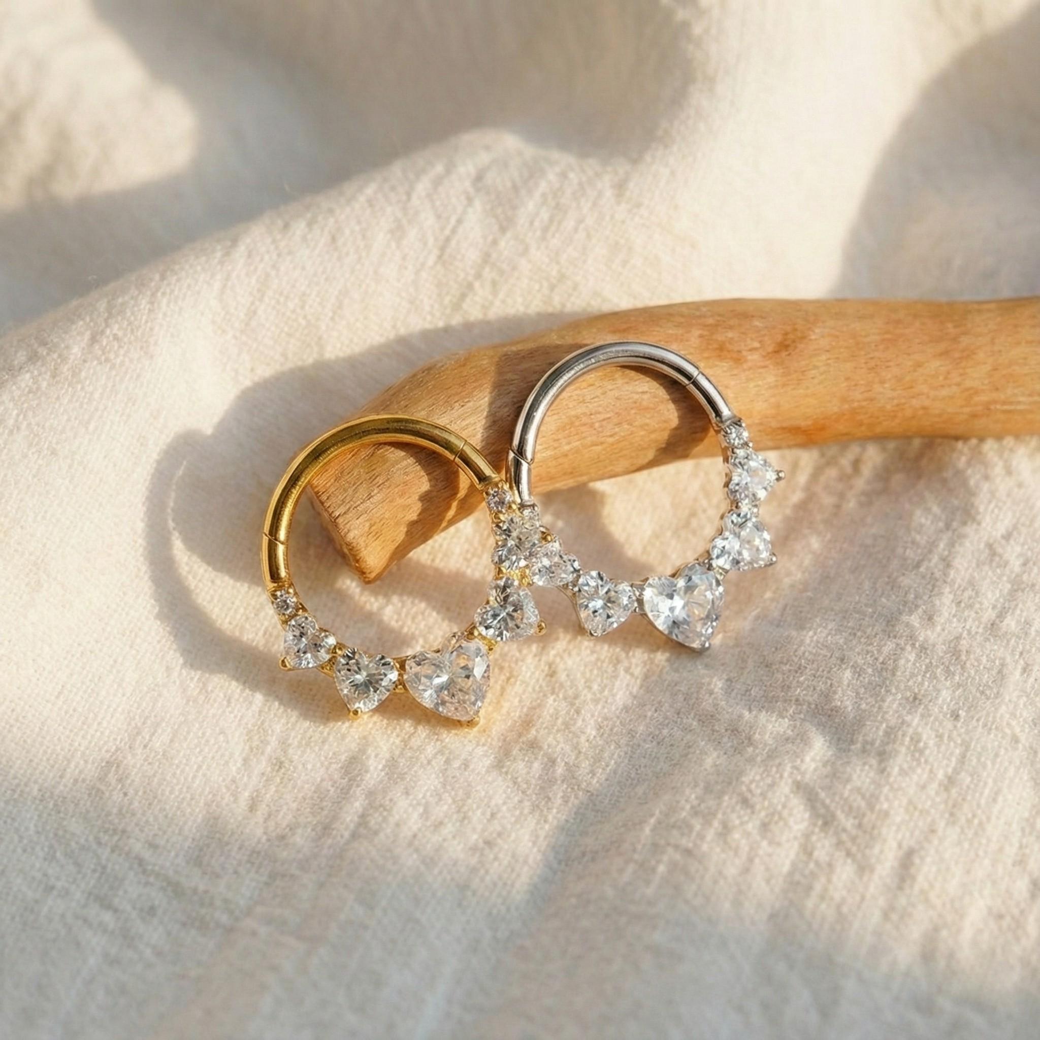 16G Titanium Heart Daith Clicker, CZ Paved Septum Ring, Hinged Segment Hoop, Hypoallergenic Cartilage Earring, Gold Silver