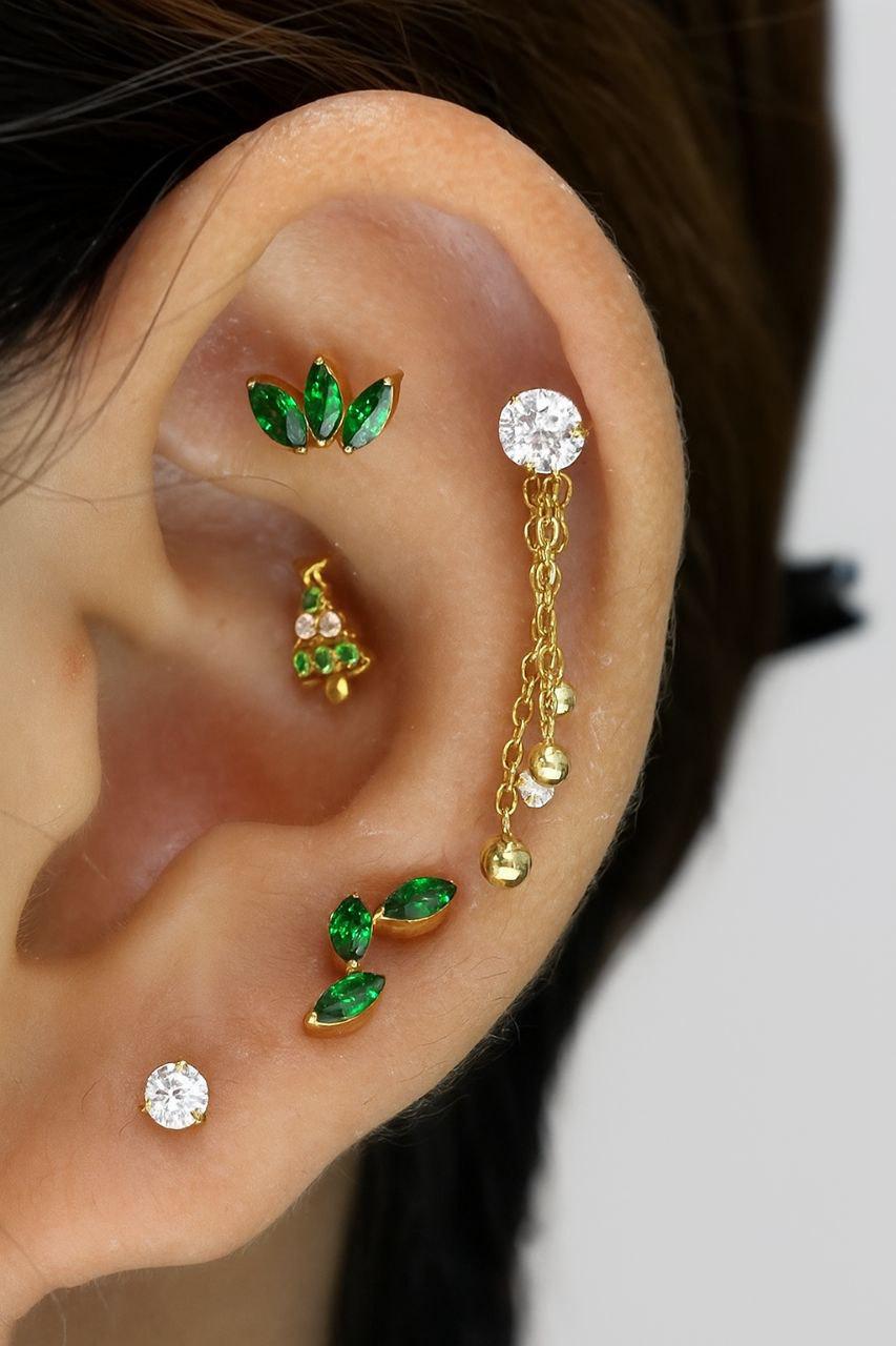 16G Titanium Christmas Tree Labret • Internally Threaded Flat Back Stud • Helix, Tragus & Cartilage Piercing Holiday Jewelry