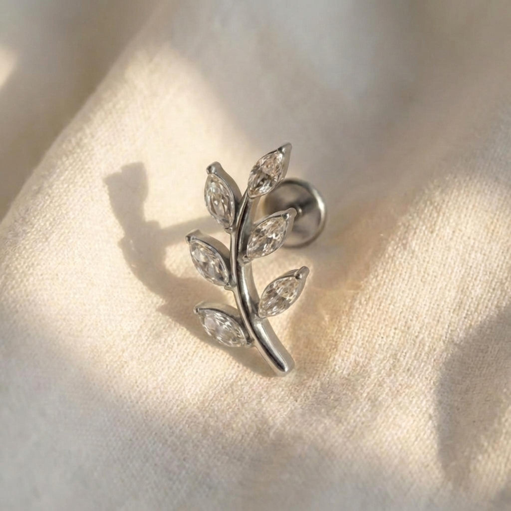 16G Titanium Marquise Leaf Stud, CZ Vine Flat Back Earring, Nature Helix Conch Tragus Piercing, Dainty Botanical Jewelry