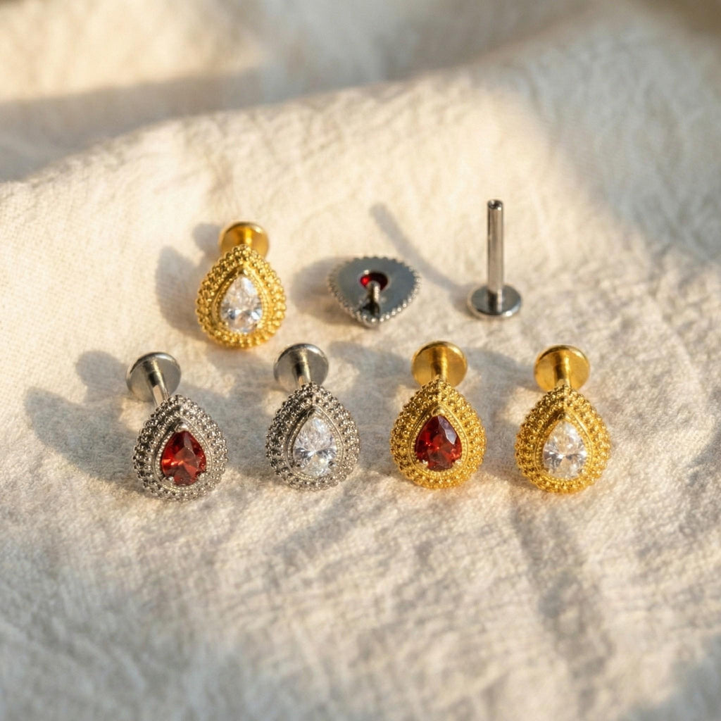 16G Titanium Pear Teardrop Opal / CZ Flat Back Stud • Cartilage Earring for Conch, Helix & Tragus Piercings