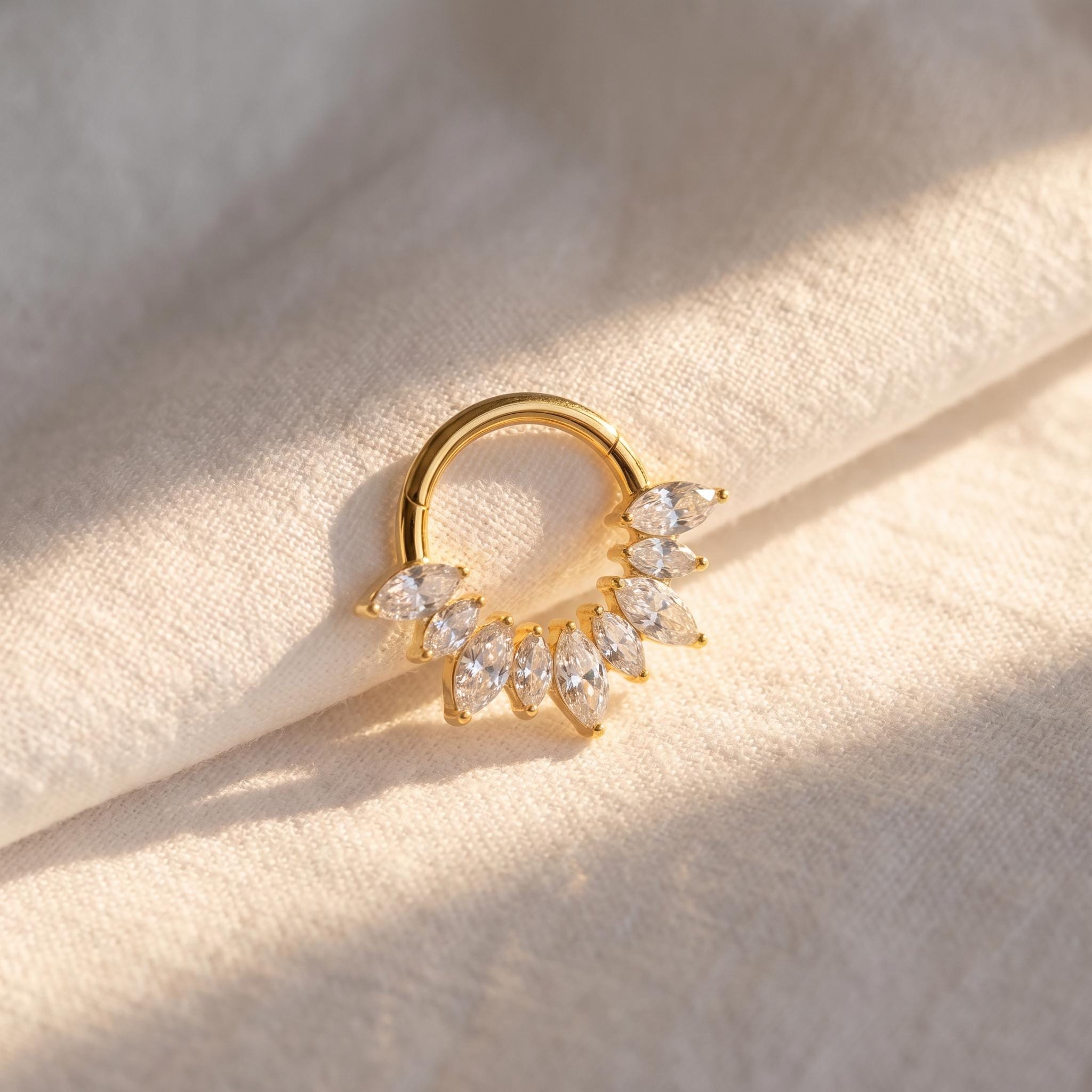 16G ASTM F136 Titanium Septum Clicker, Marquise CZ Daith Hoop, Gold Silver Cartilage Earring, Rook Tragus Helix Piercing, Implant Grade