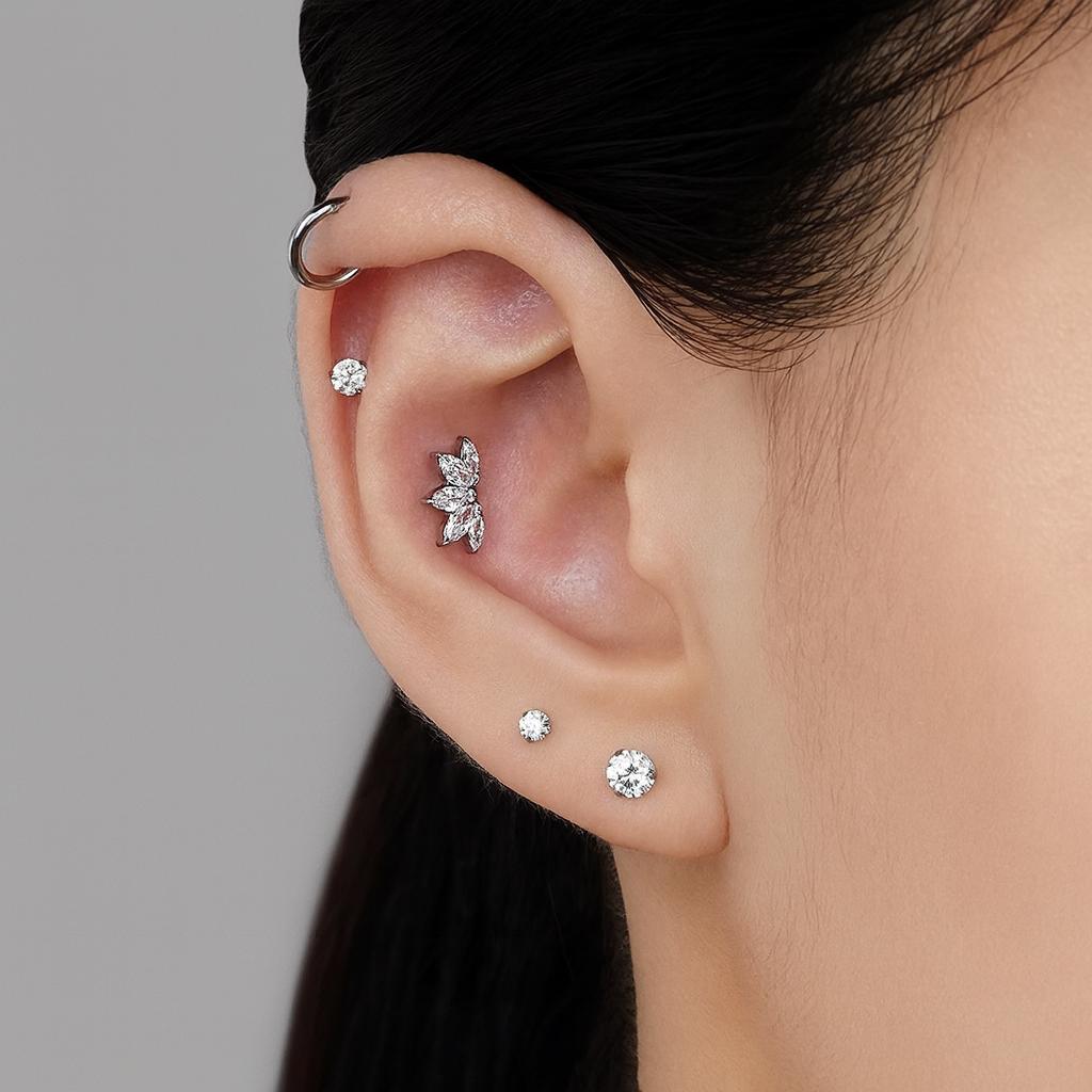 16G Titanium Lotus Flower Stud, Marquise CZ Fan Flat Back, Hypoallergenic Helix Tragus Conch Piercing, Floral Cartilage Jewelry