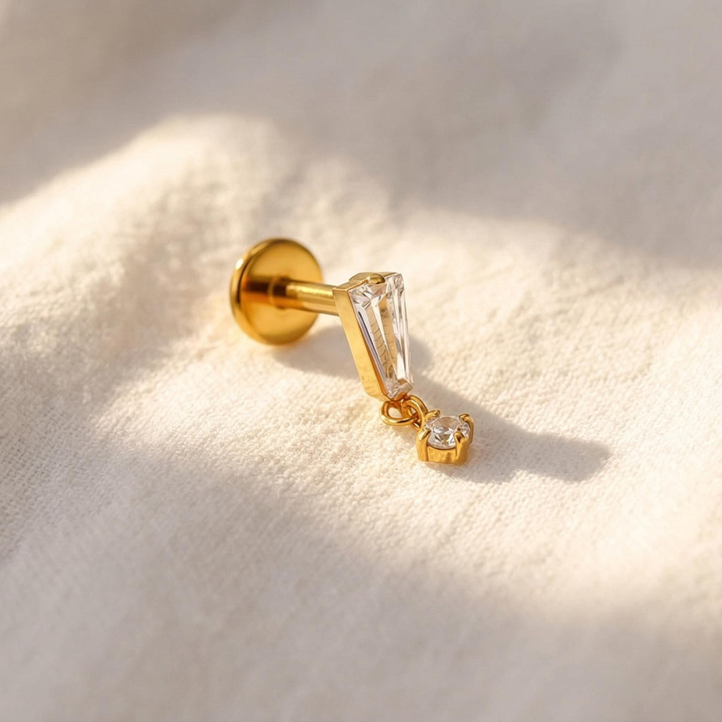 16G Titanium Baguette Dangle Stud, CZ Drop Cartilage Earring, Flat Back Helix Piercing, Hypoallergenic Tragus Lobe Jewelry