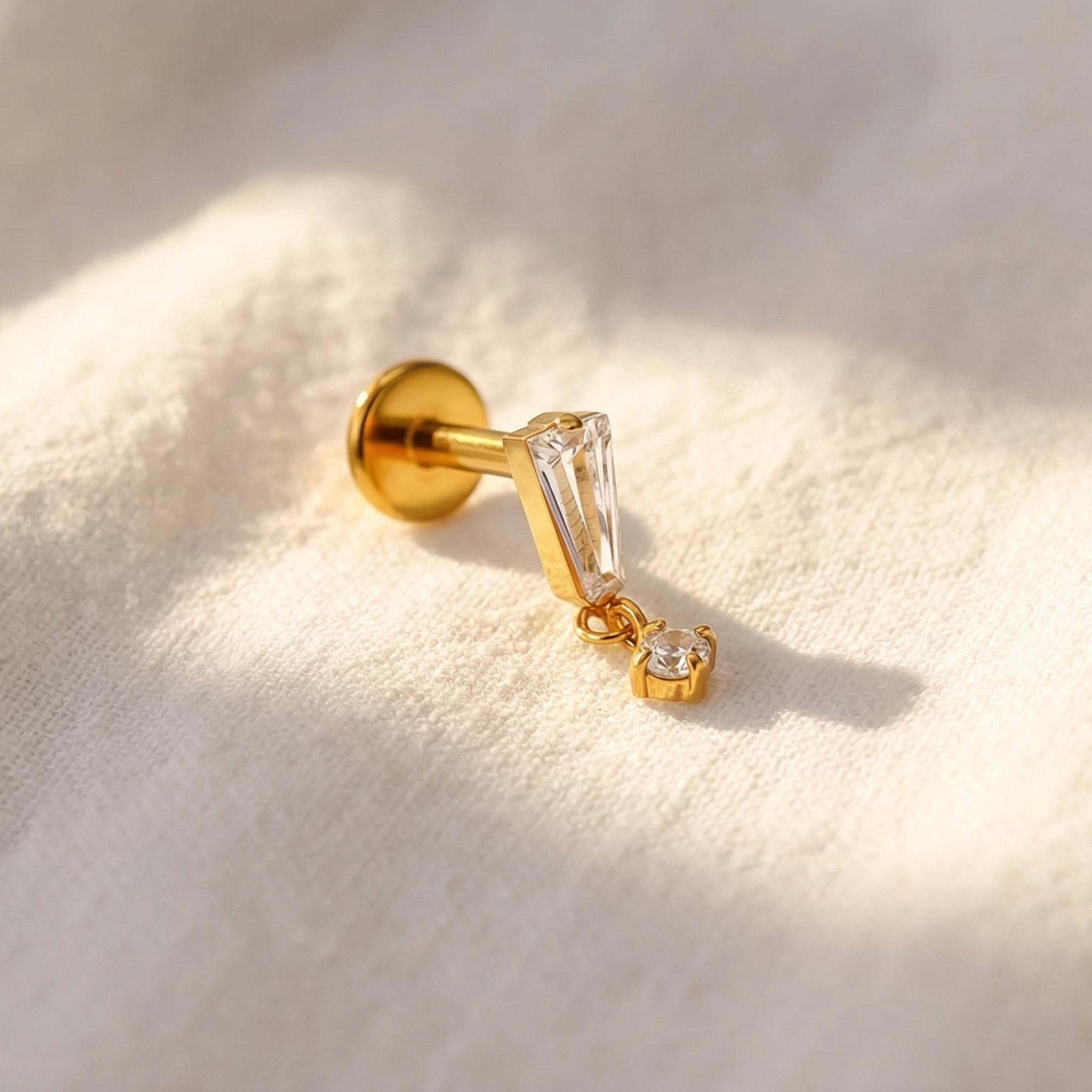16G Titanium Baguette Dangle Stud, CZ Drop Cartilage Earring, Flat Back Helix Piercing, Hypoallergenic Tragus Lobe Jewelry