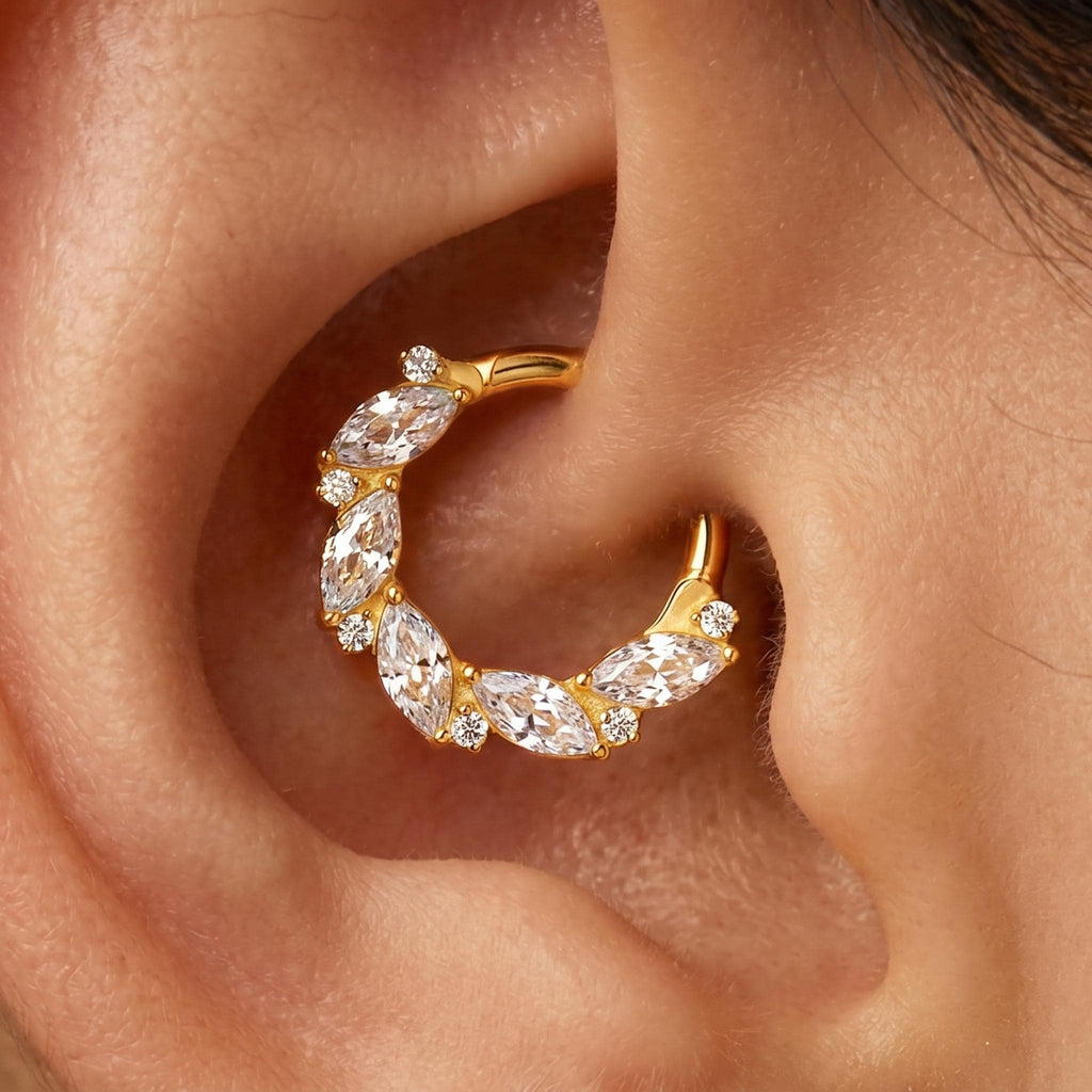 16G ASTM F136 Titanium Daith Earring, Gold Marquise CZ Septum Clicker, Implant Grade Cartilage Hoop, Hinged Helix Piercing