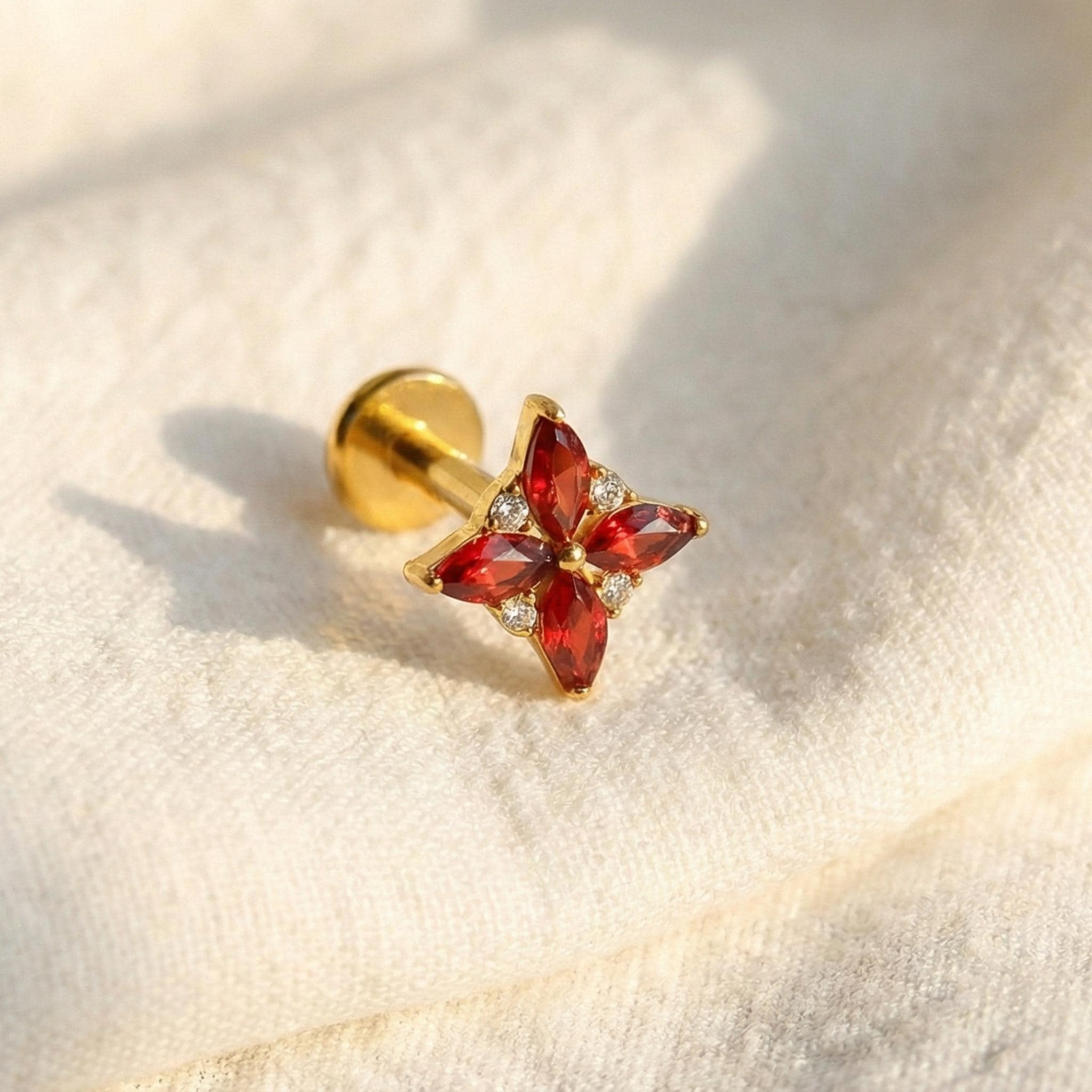 16G Gold Titanium Red CZ Stud, Garnet Marquise Lotus Fan Earring, 4-Petal Star Helix Piercing, Flat Back Cartilage Conch Labret
