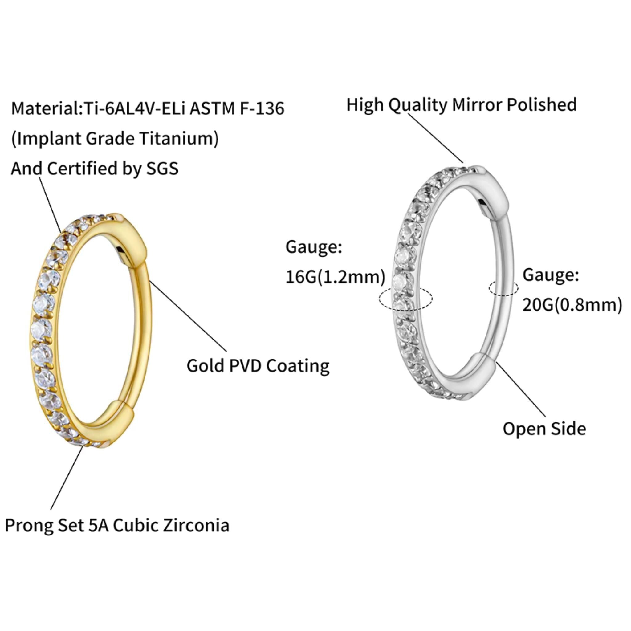 16G Titanium Slim CZ Huggie Hoop, Skinny Paved Clicker, Minimalist Helix Tragus Rook Earring, Hypoallergenic Sleeper Ring