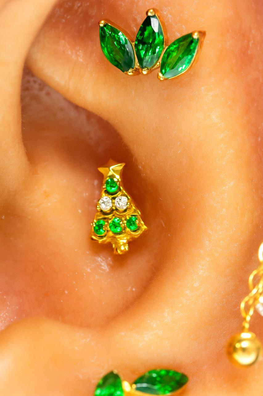 16G Titanium Christmas Tree Labret • Internally Threaded Flat Back Stud • Helix, Tragus & Cartilage Piercing Holiday Jewelry