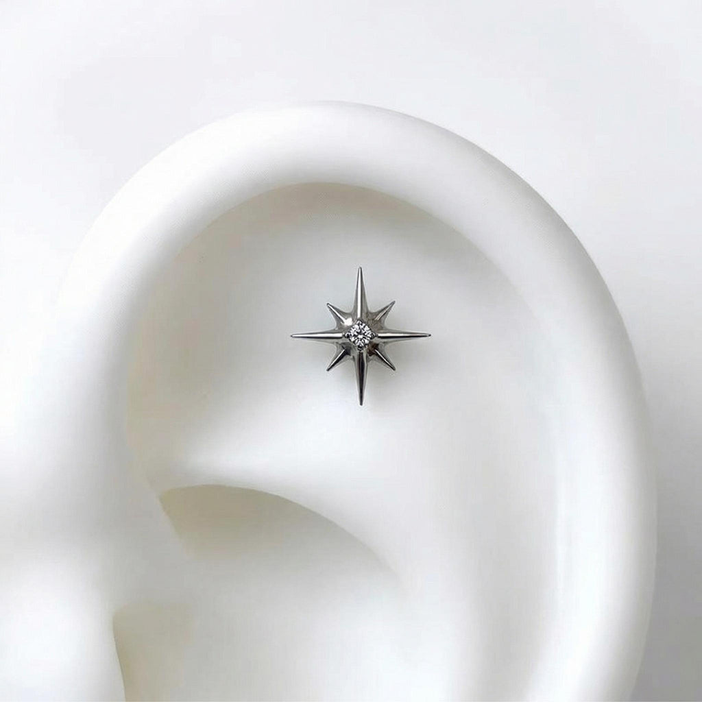 16G Titanium North Star Stud, CZ Starburst Flat Back Earring, Sparkly Helix Tragus Conch Piercing, Hypoallergenic Celestial Labret