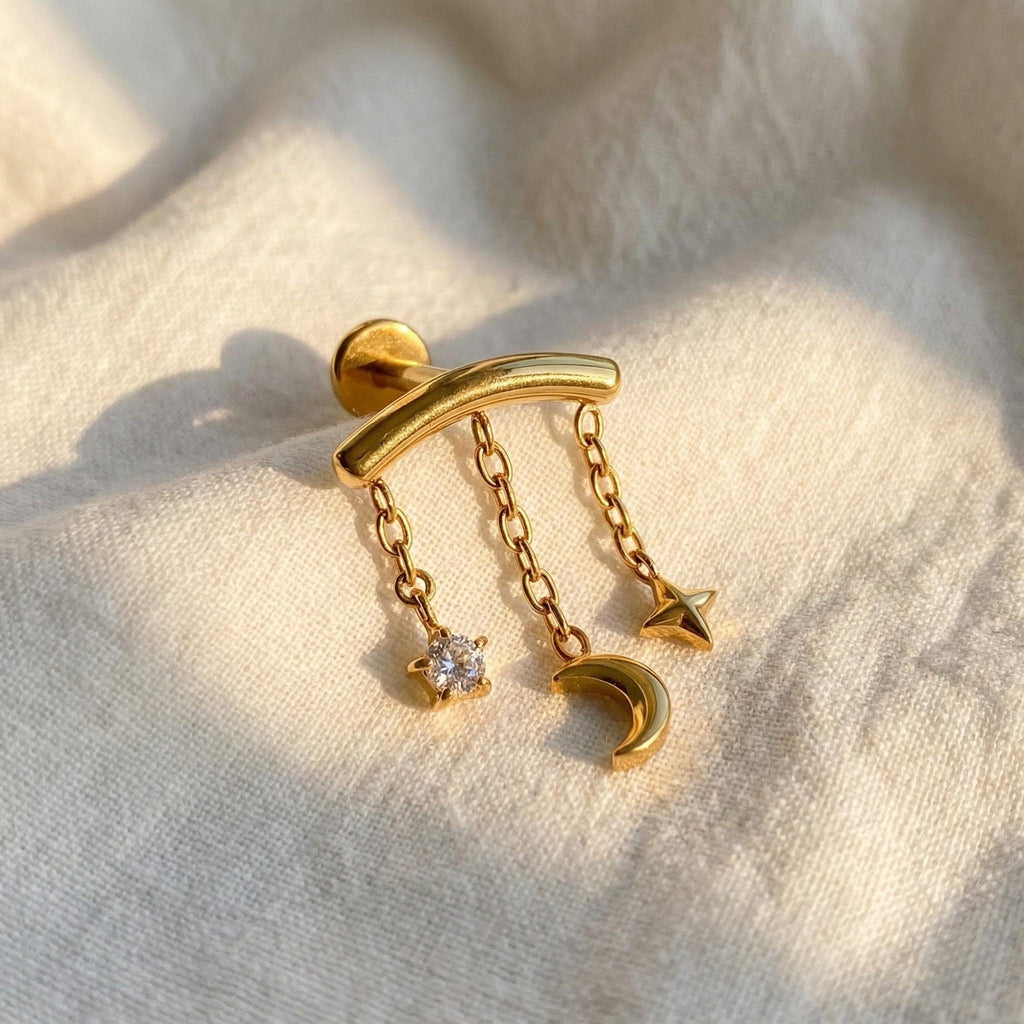 16G Titanium Hidden Helix Chain, Star Moon Dangle Earring, Floating Helix Piercing, CZ Celestial Cartilage Jewelry, Waterfall Stud