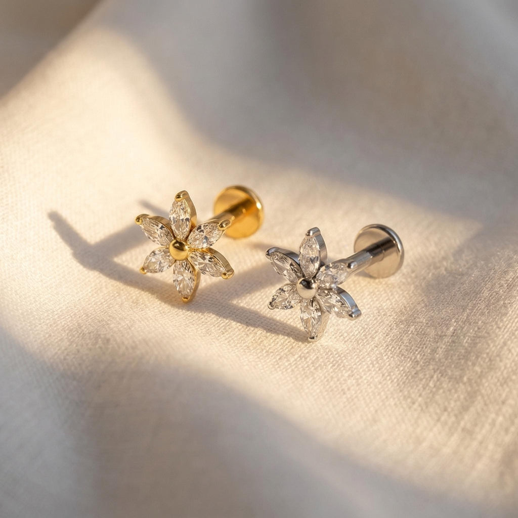 16G Titanium Marquise Flower Labret, CZ Floral Cartilage Stud, Flat Back Tragus Helix Conch Piercing, Hypoallergenic Jewelry