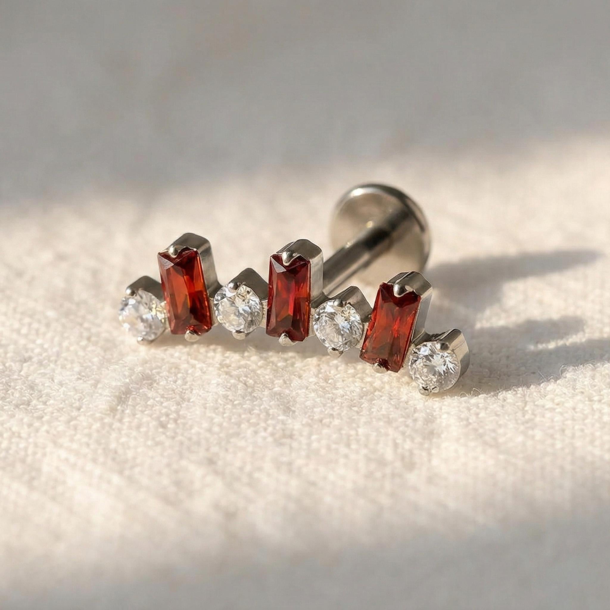 16G Titanium Baguette CZ Labret • Internally Threaded Flat Back Earring • Helix, Tragus & Cartilage Piercing Jewelry