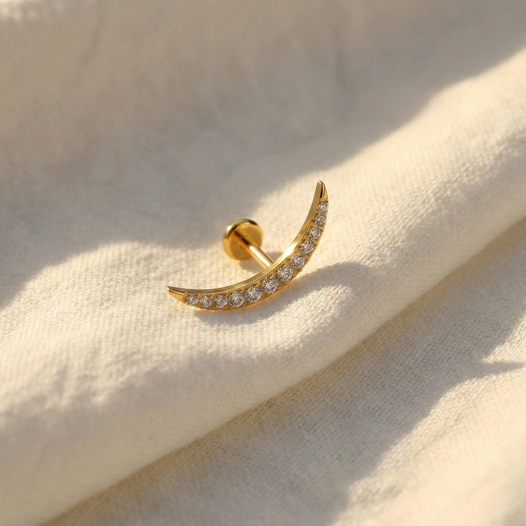 16G Titanium Curved Moon Climber, CZ Crescent Labret Stud, Internal Thread Flat Back, Helix Conch Tragus Earring, Hypoallergenic