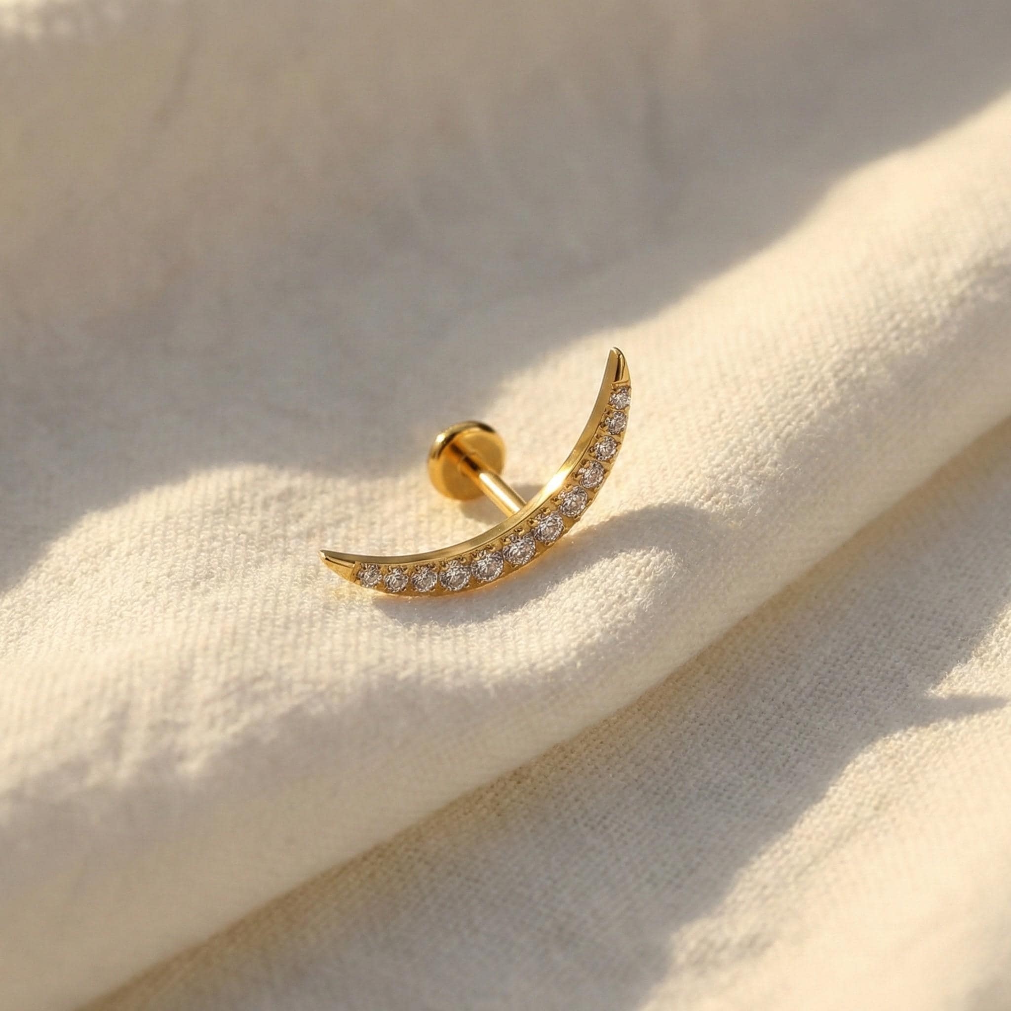 16G Titanium Curved Moon Climber, CZ Crescent Labret Stud, Internal Thread Flat Back, Helix Conch Tragus Earring, Hypoallergenic