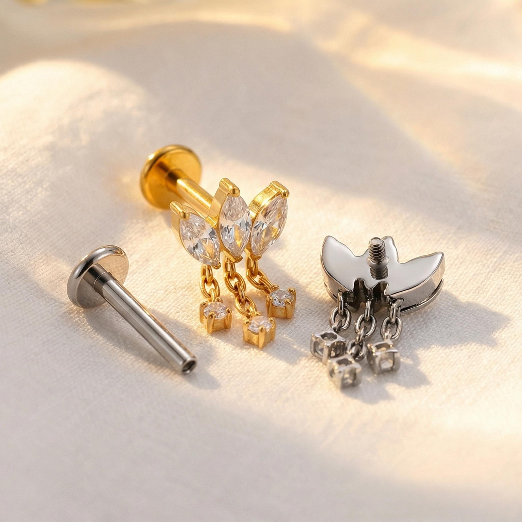 16G Titanium Lotus Flower Stud, CZ Dangle Chain Cartilage Earring, Triple Marquise Helix Conch Piercing, Hypoallergenic Flat Back Labret