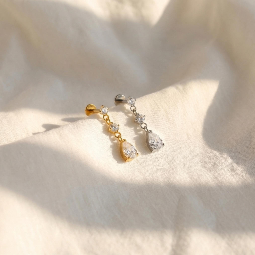 16G Titanium Teardrop Dangle Stud, CZ Pear Drop Cartilage Earring, Flat Back Helix Tragus Piercing, Hypoallergenic Labret