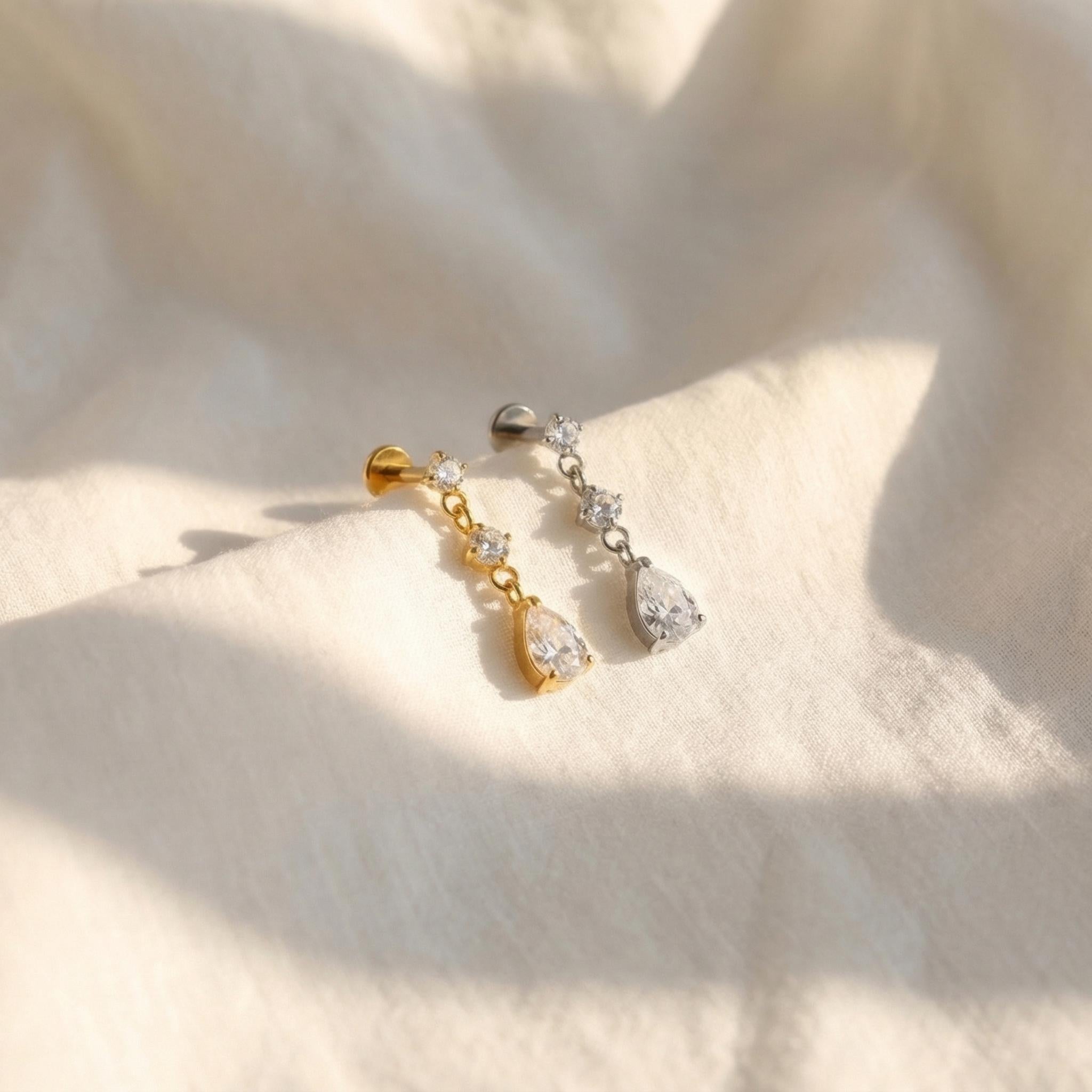 16G Titanium Teardrop Dangle Stud, CZ Pear Drop Cartilage Earring, Flat Back Helix Tragus Piercing, Hypoallergenic Labret