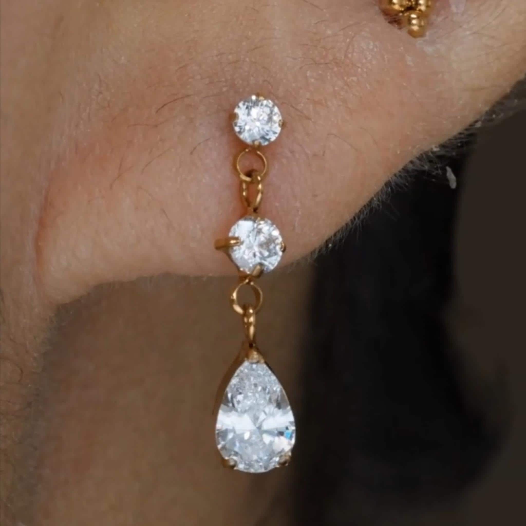16G Titanium Teardrop Dangle Stud, CZ Pear Drop Cartilage Earring, Flat Back Helix Tragus Piercing, Hypoallergenic Labret