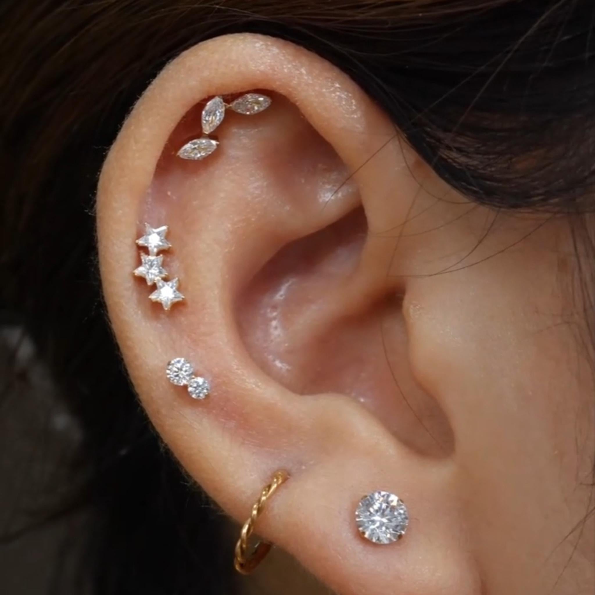 16G Titanium Triple Star Stud, Celestial Flat Back Labret, Cartilage Helix Earring, Hypoallergenic Tragus Cluster Piercing