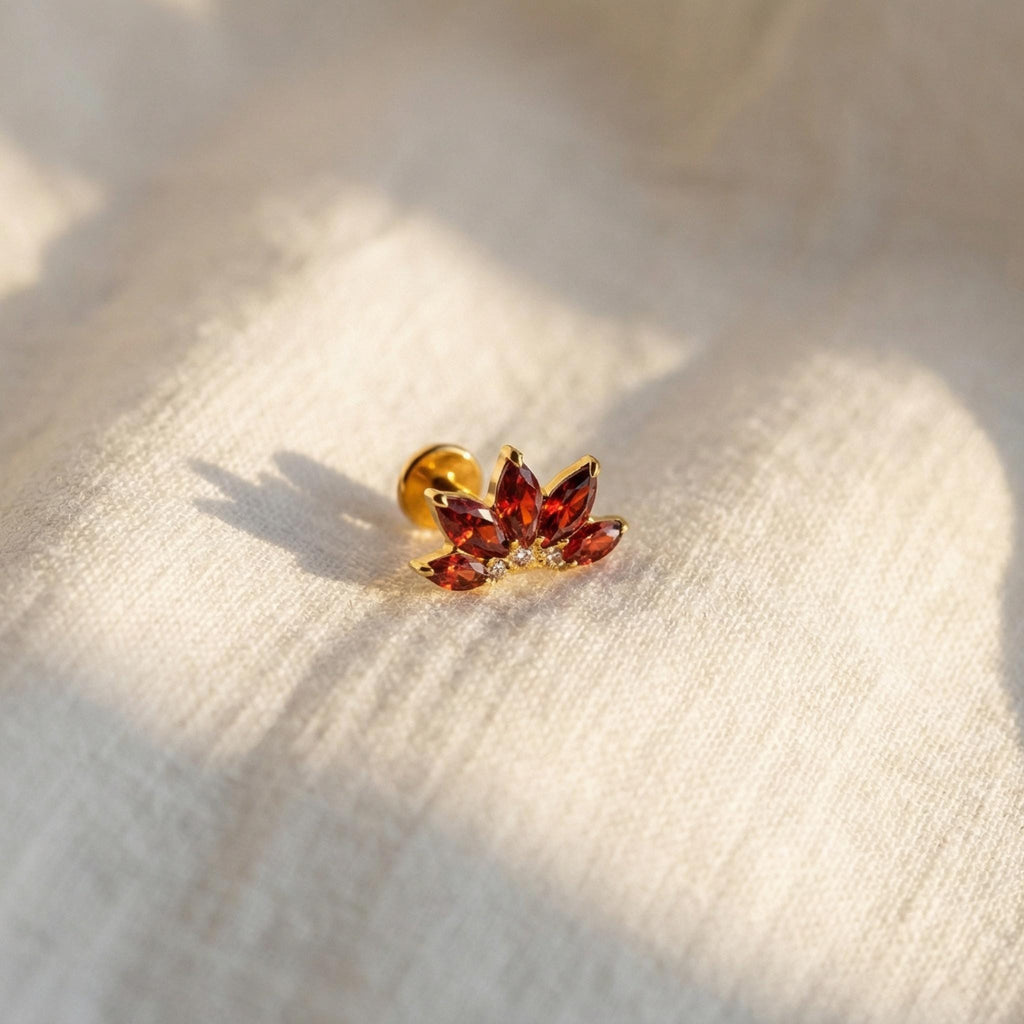 16G Gold Titanium Red Lotus Stud, Ruby Marquise CZ Fan Cartilage Earring, Flat Back Labret for Helix Conch, Hypoallergenic Piercing