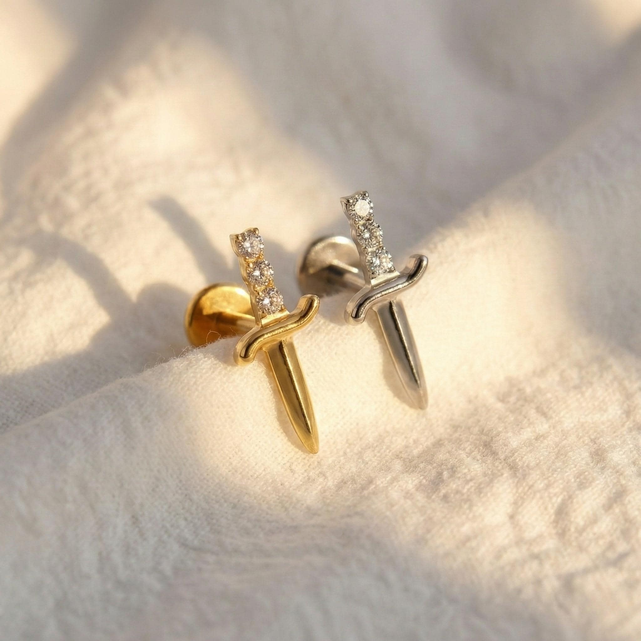 16G Titanium Sword Stud, CZ Dagger Flat Back Earring, Tiny Poniard Helix Tragus Conch Piercing, Edgy Weapon Jewelry, Lip Labret