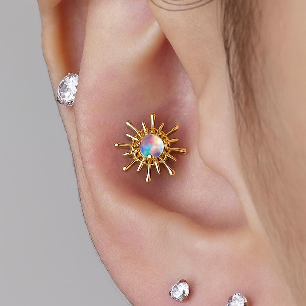 16G Titanium Blue Opal Sun Labret Earring – Flat Back Cartilage Helix Tragus Nose Piercing Jewelry Sunshine Stud