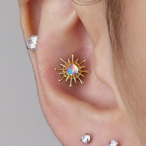 16G Titanium Blue Opal Sun Labret Earring – Flat Back Cartilage Helix Tragus Nose Piercing Jewelry Sunshine Stud