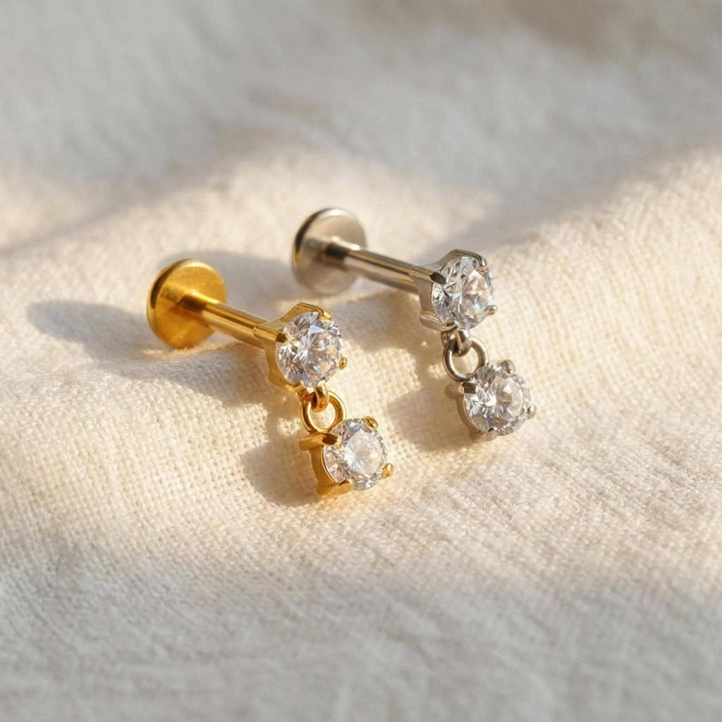 16G Titanium Double CZ Dangle Stud, Internally Threaded Tragus Piercing, Floating Drop Charm, Helix Cartilage Earring