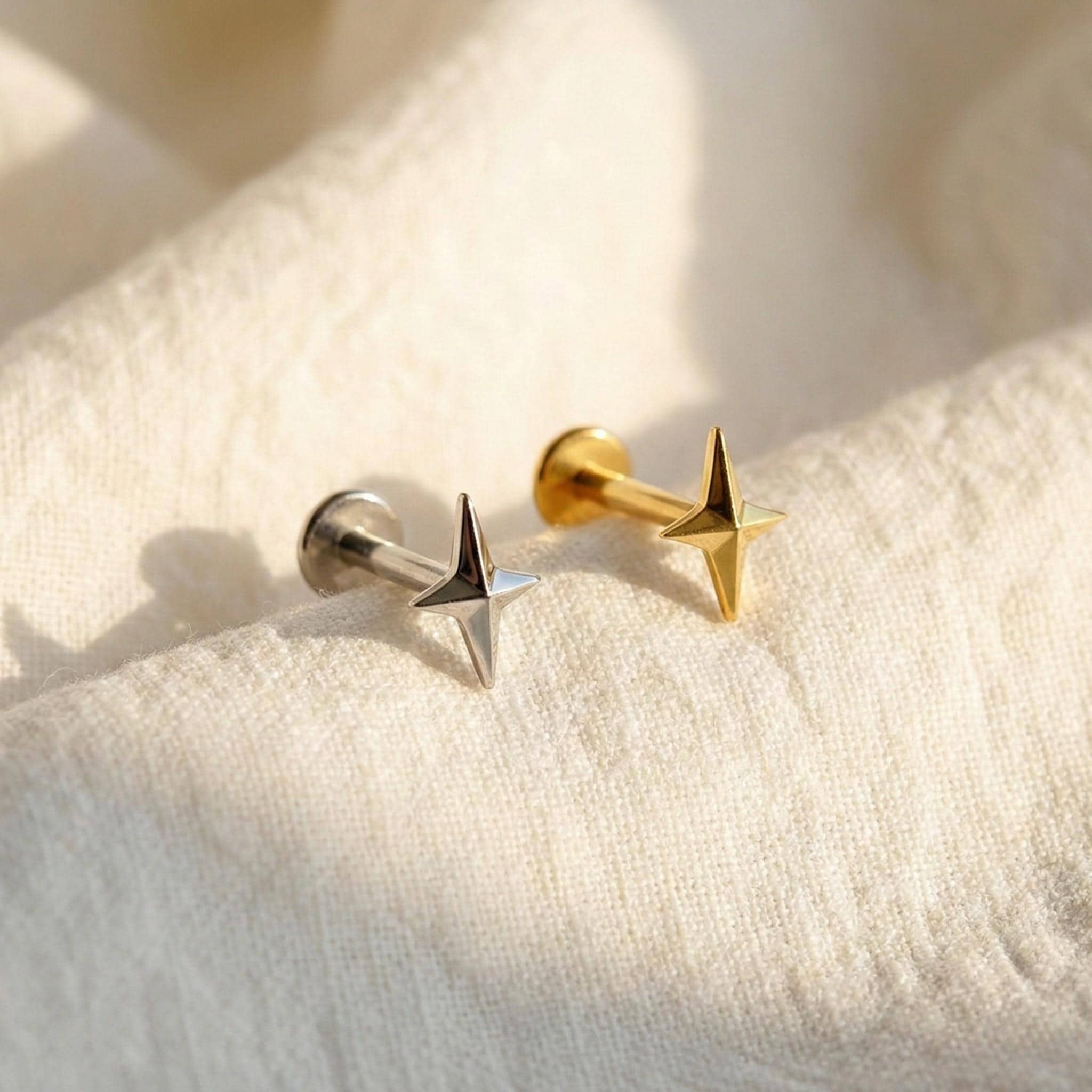16G Titanium Four Point Star Stud, Solid North Star Flat Back, Minimalist Helix Tragus Conch Earring, Tiny Nose Piercing Labret