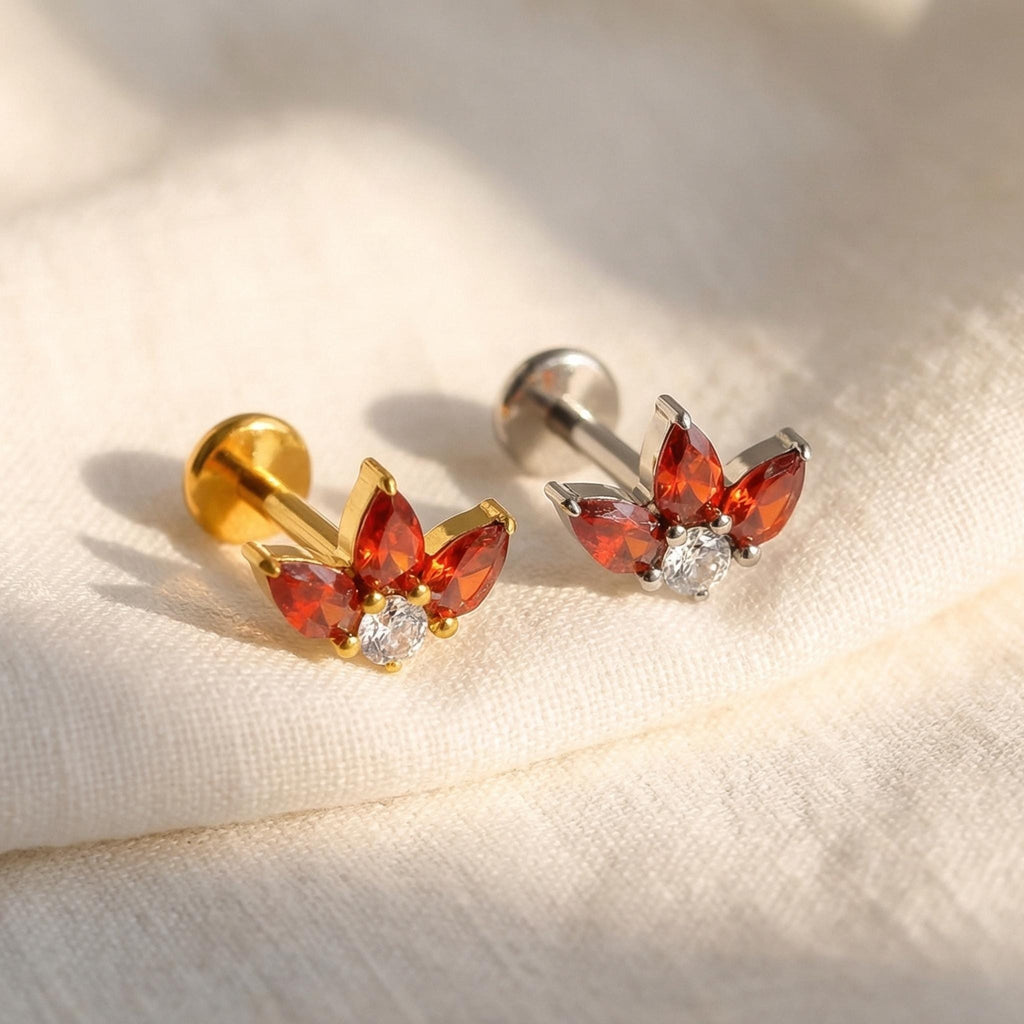 16G Titanium Triple Pear Fan Stud, Teardrop CZ Trinity Lotus Earring, Flat Back Helix Conch Tragus Piercing, Hypoallergenic