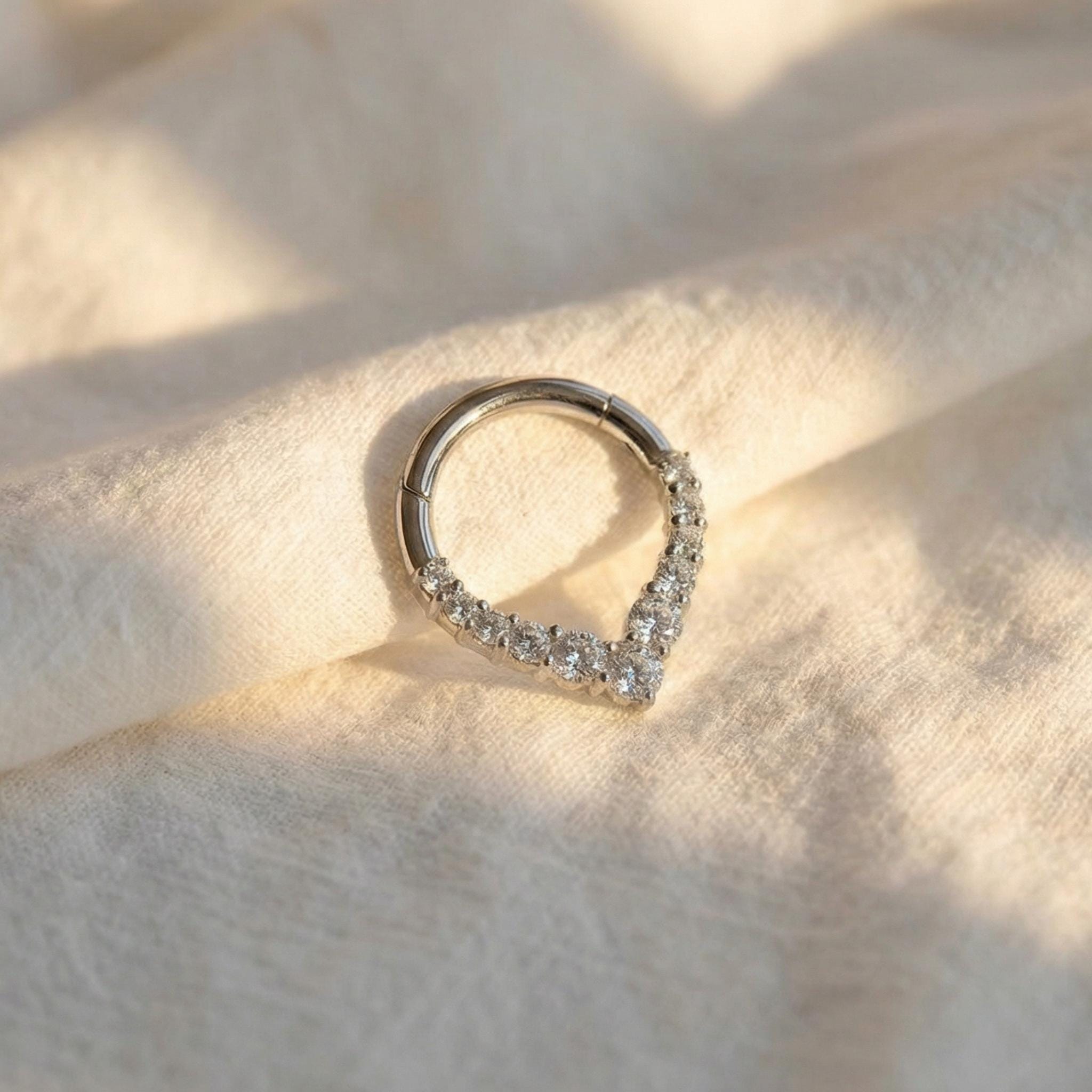 16G Titanium Teardrop Septum Clicker, CZ Daith Hoop Earring, Hinged Segment Ring, Hypoallergenic Waterdrop Nose Piercing