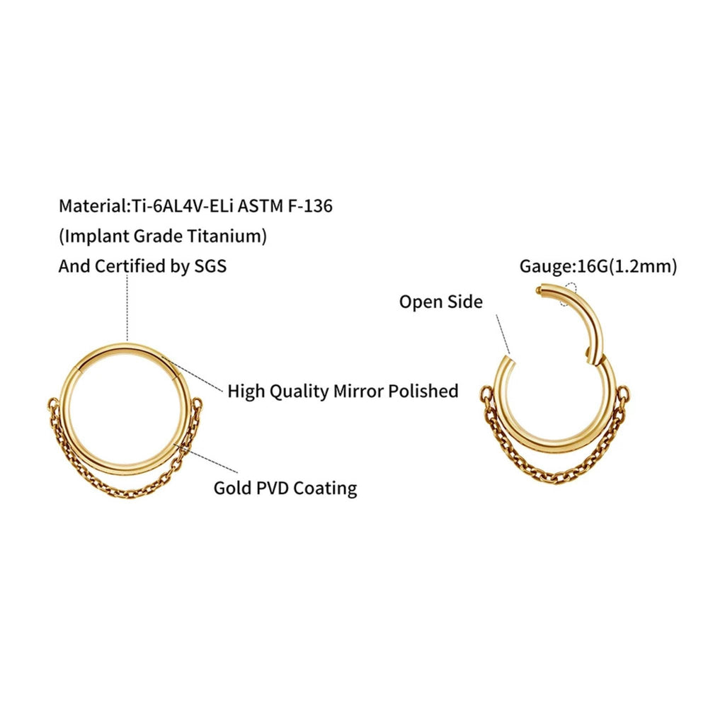 16G Titanium Chain Septum Clicker, Dangle Nose Ring, Hinged Segment Hoop, Edgy Helix Cartilage Earring, Industrial Chain Jewelry