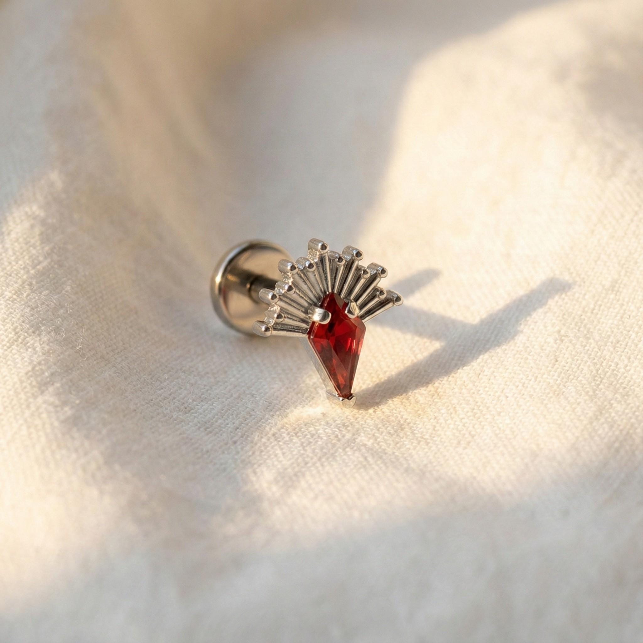 Titanium Kite Labret, 16G Garnet CZ Rhombus Stud, Flat Back Earring, Helix Conch Tragus Cartilage, Hypoallergenic