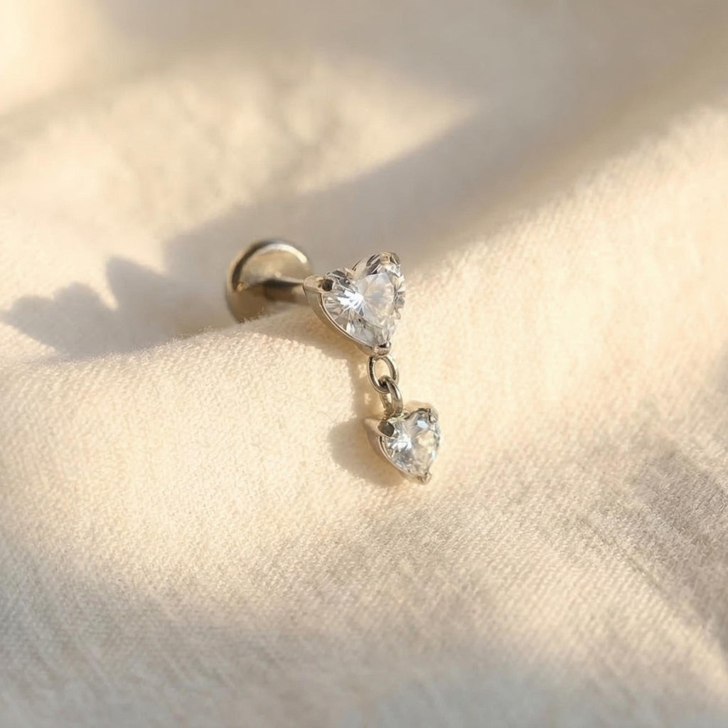 16G Titanium Heart Dangle Stud, Tiny CZ Drop Cartilage Earring, Flat Back Helix Tragus Piercing, Hypoallergenic Labret