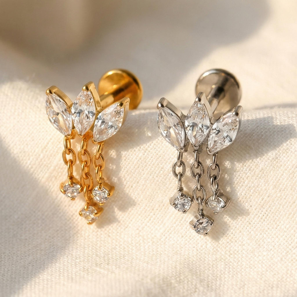 16G Titanium Lotus Flower Stud, CZ Dangle Chain Cartilage Earring, Triple Marquise Helix Conch Piercing, Hypoallergenic Flat Back Labret