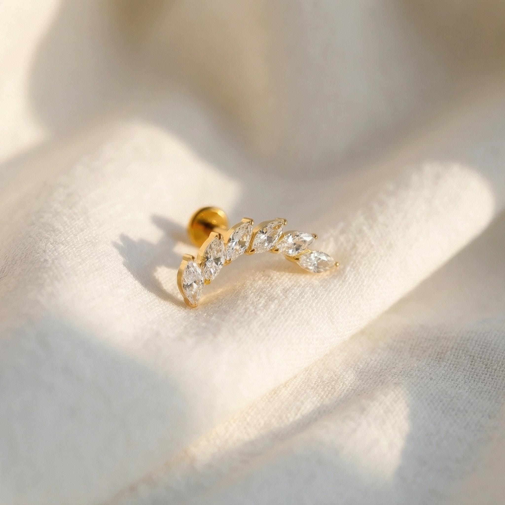 16G Titanium Marquise Ear Climber, Curved CZ Helix Crawler, Flat Back Labret, Hypoallergenic Tragus Stud