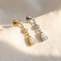 16G Titanium Teardrop Dangle Stud, CZ Pear Drop Cartilage Earring, Flat Back Helix Tragus Piercing, Hypoallergenic Labret