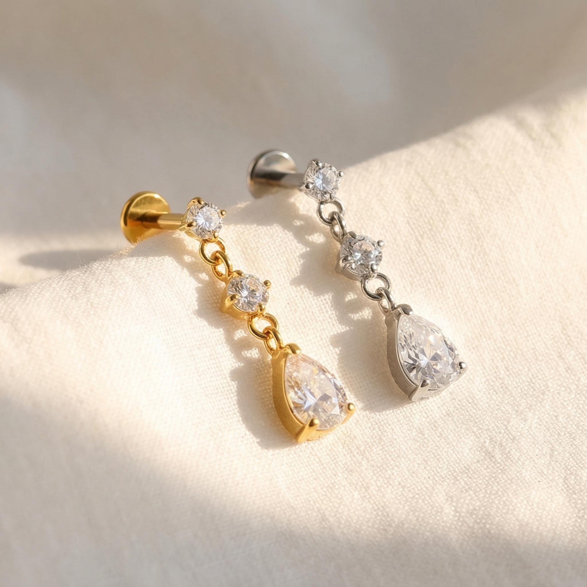 16G Titanium Teardrop Dangle Stud, CZ Pear Drop Cartilage Earring, Flat Back Helix Tragus Piercing, Hypoallergenic Labret