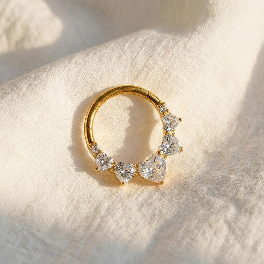 16G Titanium Heart Daith Clicker, CZ Paved Septum Ring, Hinged Segment Hoop, Hypoallergenic Cartilage Earring, Gold Silver