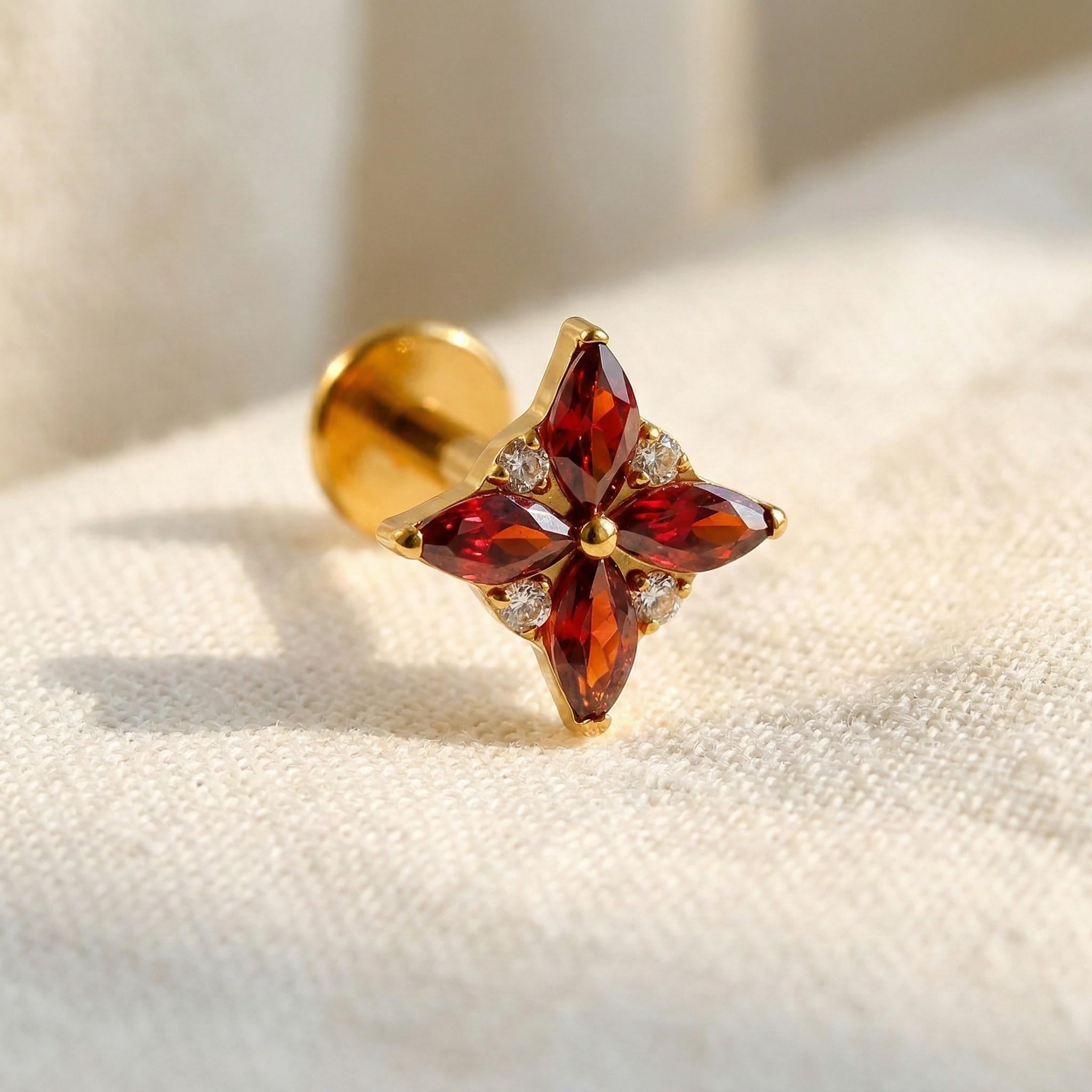 16G Gold Titanium Red CZ Stud, Garnet Marquise Lotus Fan Earring, 4-Petal Star Helix Piercing, Flat Back Cartilage Conch Labret