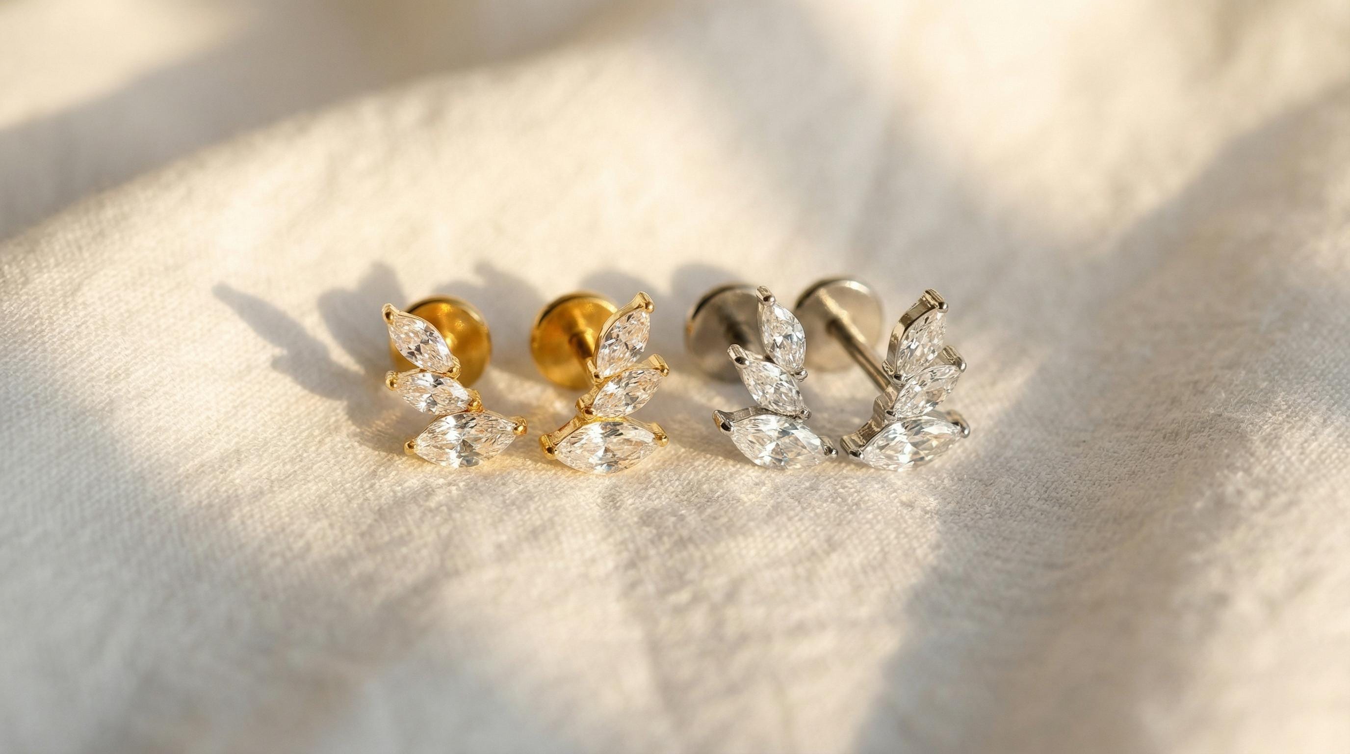 16G Titanium Marquise Cluster Labret, CZ Leaf Crawler Stud, Flat Back Earring for Helix Conch Tragus, Hypoallergenic Cartilage Piercing