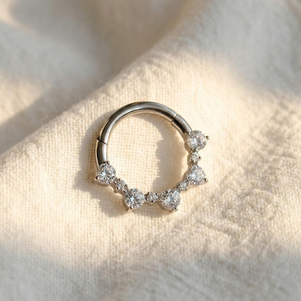 16G Titanium CZ Septum Clicker, Hinged Daith Hoop 8mm 10mm, Paved Segment Ring, Hypoallergenic Cartilage Earring