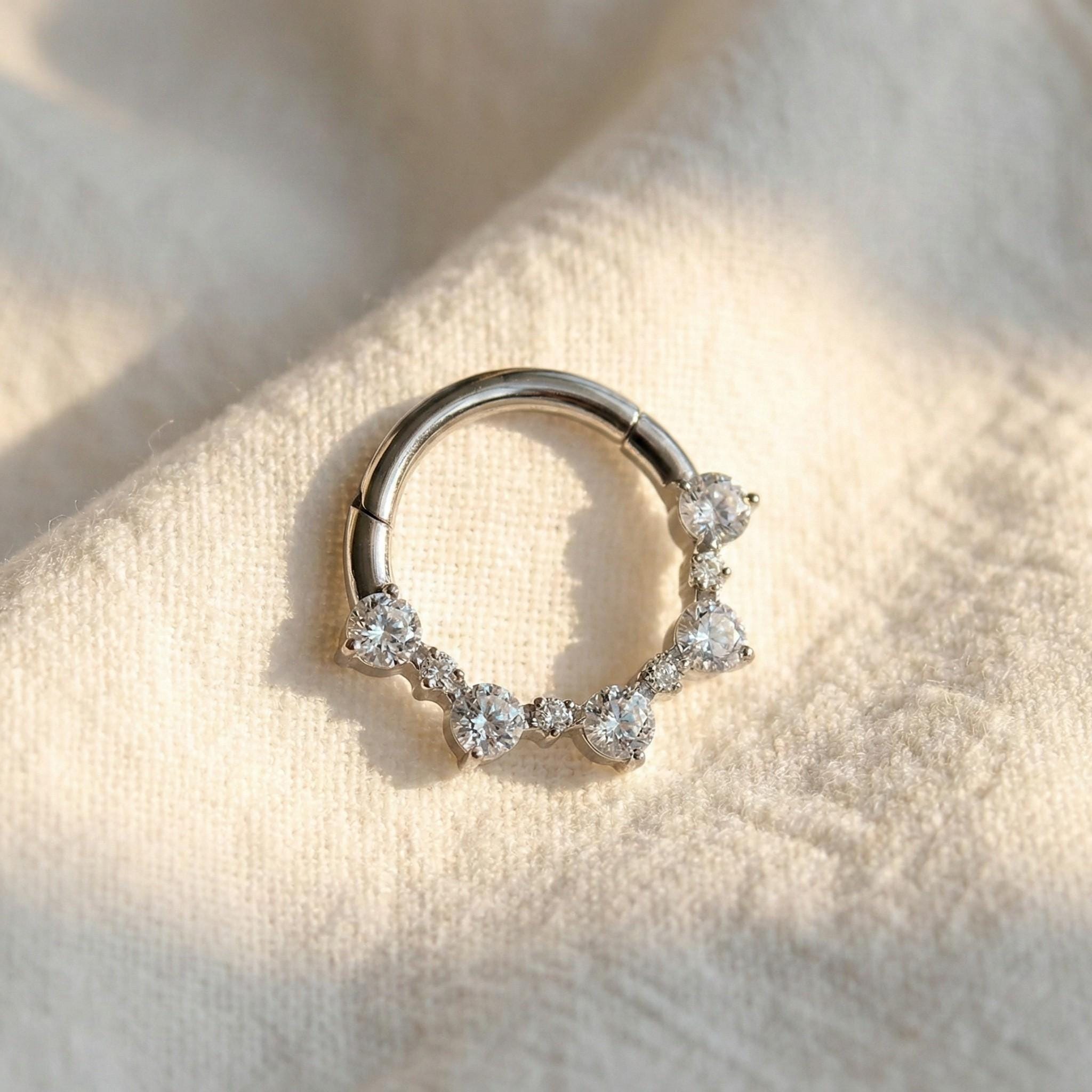 16G Titanium CZ Septum Clicker, Hinged Daith Hoop 8mm 10mm, Paved Segment Ring, Hypoallergenic Cartilage Earring