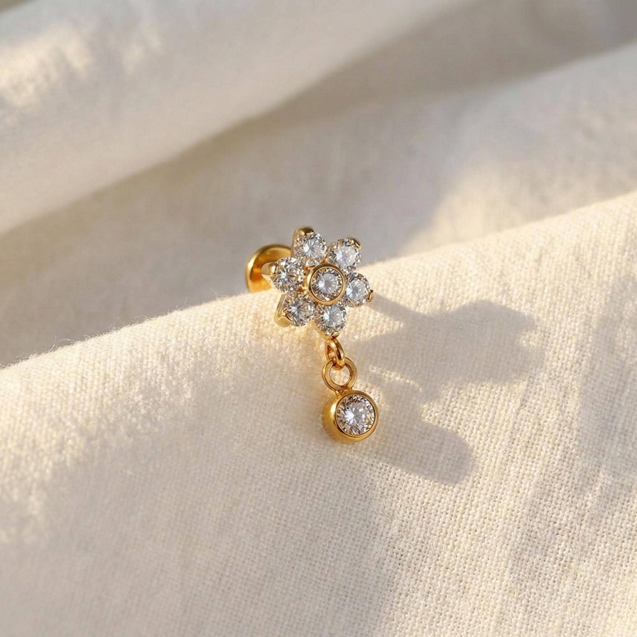 16G Titanium Flower Dangle Stud, CZ Drop Charm Flat Back Earring, Crystal Blossom Helix Tragus Lobe Piercing, Dainty Bridal Jewelry