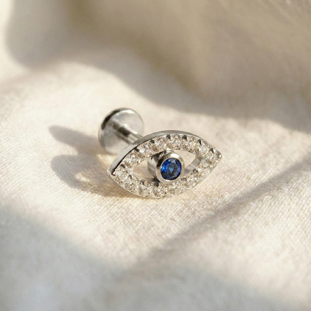 16G Titanium Evil Eye Labret Stud • Internally Threaded Flat Back Earring • Cartilage, Helix & Tragus Piercing Jewelry