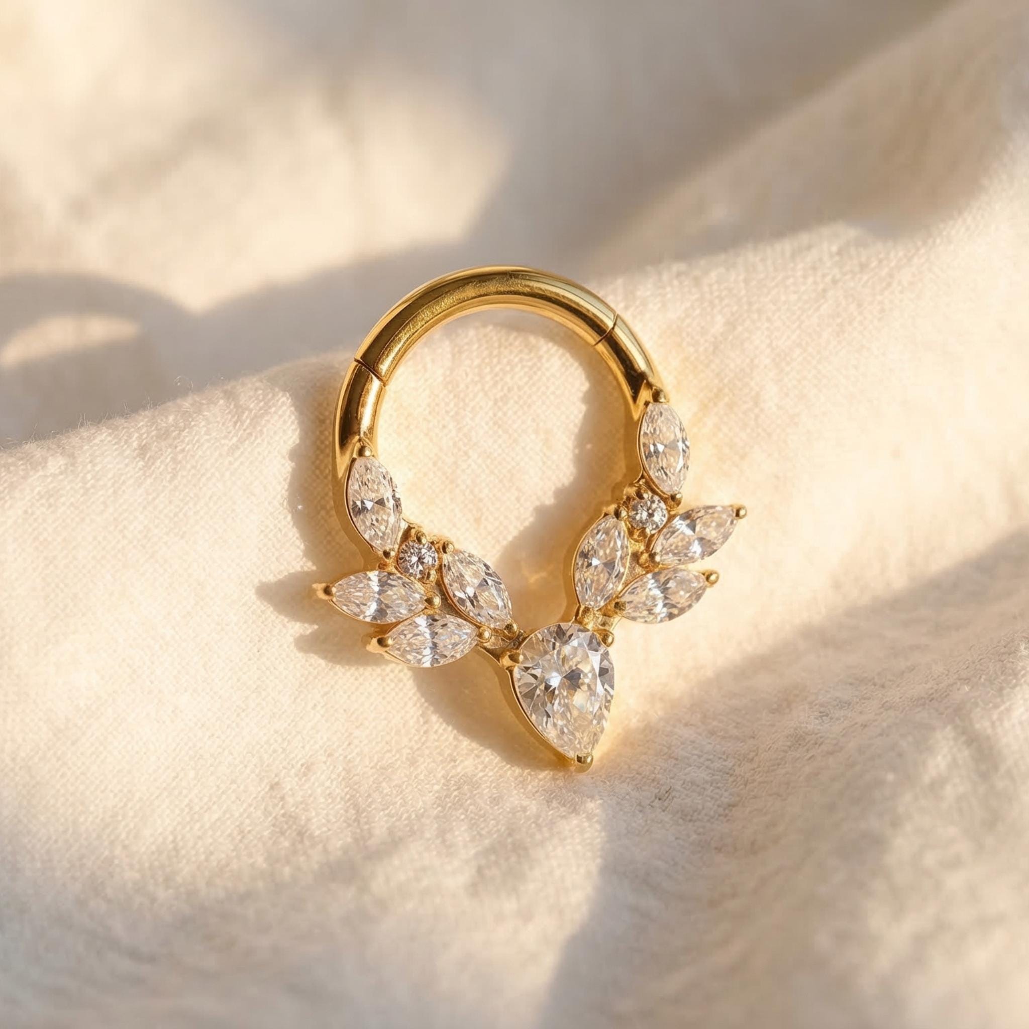 16G Titanium Vine Septum Ring, Marquise Pear CZ Daith Hoop, Botanical Helix Cartilage Earring, Floral Clicker Piercing