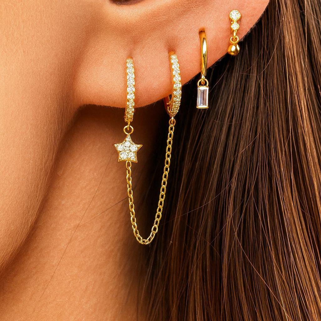 Gold Star Hoop Earrings: Dangle CZ Chain Cartilage Jewelry