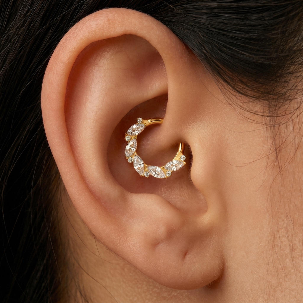 16G ASTM F136 Titanium Daith Earring, Gold Marquise CZ Septum Clicker, Implant Grade Cartilage Hoop, Hinged Helix Piercing